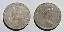 1673–1973 tercentenary 25-pence copper-nickel coin of St. Helena