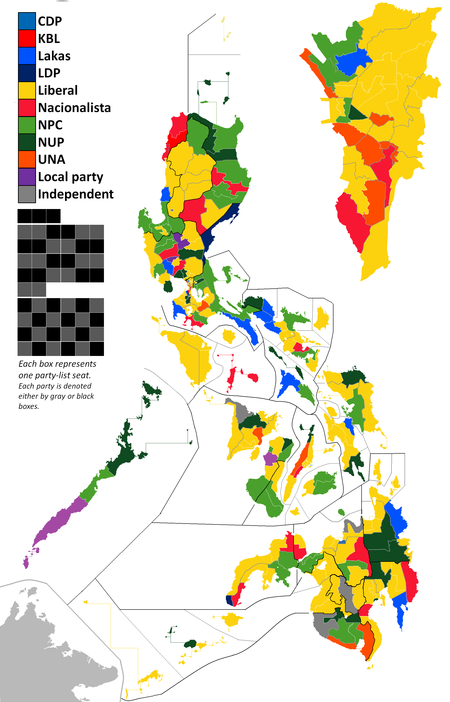 Current party standing. Party list seats are denoted by black and gray boxes to the left; Metro Manila seats are magnified on the inset at the right. 16th Congress of the Philippines party standing.png