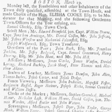 Newspaper item related to the Boston Select Men, 1733 1733 selectmen WeeklyRehearsal Boston March19.png