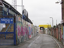 Specks Lane in 2017 before renovations in 2023. 2017-01-16 Portsmouth FC, Milton End, Fratton Park, Portsmouth (2).JPG