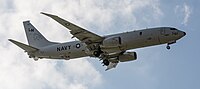 A Boeing P-8 Poseidon, tail number 168761, on final approach at Kadena Air Base in Okinawa, Japan. It is assigned to Patrol Squadron 45 (VP-45) at NAS Jacksonville, Florida, United States.