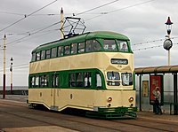 A double-decker balloon tram on the promenade at Bispham