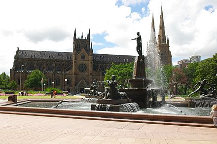 The Hyde Park fountain with St Mary's Cathedral in the background