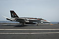 A U.S. Navy F-A-18E Super Hornet aircraft assigned to Strike Fighter Squadron (VFA) 146 lands on the flight deck aboard the aircraft carrier USS Nimitz (CVN 68) in the Gulf of Oman June 15, 2013 130615-N-LP801-059.jpg