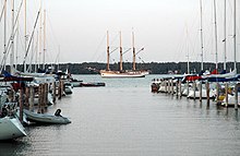 The sailing ship Linden (center) in Ostra Hamnen, Mariehamn's eastern port Aaland 1.jpg