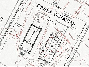 Jupiter Stators tempel (här benämnt AED. IOVIS ⋅) på Rodolfo Lancianis karta över det antika och moderna Rom från år 1893–1901.
