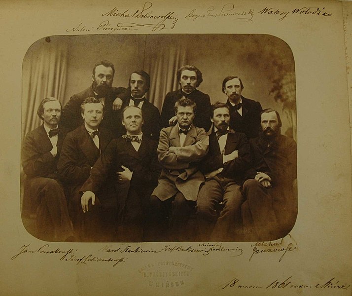 File:Antoni Prušynski, Michał Dabravolski, Bahusłaŭ Siemiradzki, Valery Vałodźka, Jan Navakoŭski, Juzef Lubičankoŭski, Karal Stankievič, Juzef Bartaševič, Mikałaj Karatkievič (1861).jpg