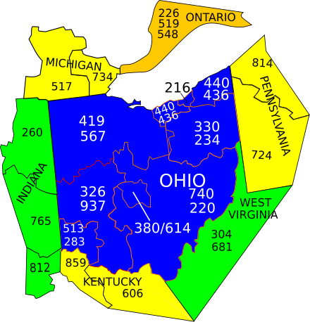 Area code map of Ohio and surrounding states