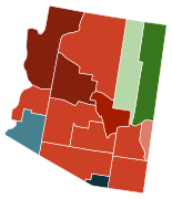 Mapa dos condados do Arizona por pluralidade racial, de acordo com o censo dos EUA de 2020 Legenda Branco não hispânico 40–50% 50–60% 60–70% 70–80% Nativo americano 40–50% 70–80% Hispânico ou latino 60– 70% 80–90%