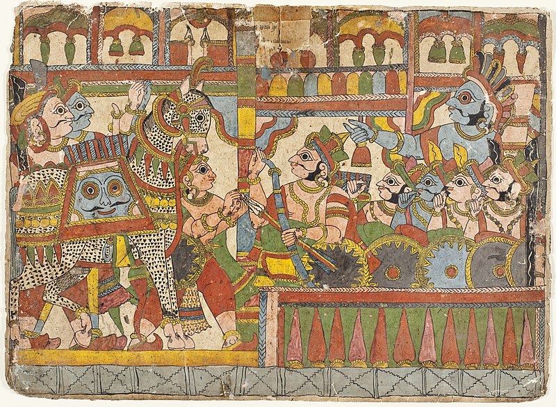 File:Arjuna Kicks Babhruvahana on the Chest for His Unheroic Act (recto), Babhruvahana Surrenders the Sacrificial Horse Syamakarna to His Father Arjuna (verso), Scenes from the Story of LACMA M.80.226.2a-b (2 of 2).jpg