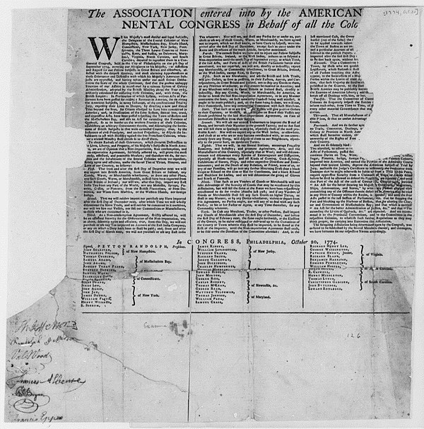 The First Continental Congress, meeting in Philadelphia, published and signed the Continental Association on October 20, 1774; Thomas Jefferson, who w