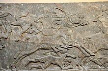 Assyrian cavalry charges the enemy, dating back to the reign of Ashurnasirpal II, 865-860 BC. In this period, cavalry was relatively new. Detail of a gypsum wall relief from Nimrud, currently housed in the British Museum Assyrian cavalry charge the enemy, dating back to the reign of Ashurnasirpal II, 865-860 BCE. In this period, cavalry was relatively new. Detail of a gypsum wall relief from Nimrud, Iraq, currently housed in the British Museum.jpg