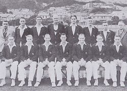 The Australian team prior to the Test in Wellington, which attracted crowds of 20,000 on the first day and 16,000 on the second day. Australian cricket team prior to Wellington Test, 1946.jpeg