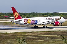 Juneyao Air Boeing 787-9 Dreamliner in Chinese Peony (梦旅生花) special colours operating the Osaka to Nanjing route landing on runway 07 of NKG