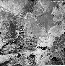 A top-down, black-and-white photograph of Sawtooth Mountain.