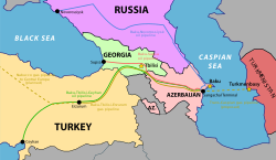 Plynovod Baku–Tbilisi–Erzurum na mapě existujících a plánovaných ropovodů a plynovodů z Baku