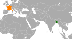 Mapa označující umístění Bangladéše a Francie