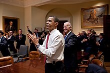 The President and White House staff react to the House of Representatives passing the bill on March 21, 2010. Barack Obama reacts to the passing of Healthcare bill.jpg