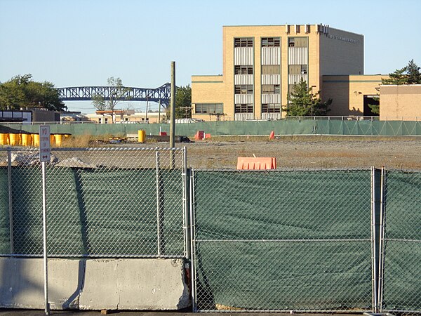 Bayfront site looking north to Jersey City Public Works building and Pulaski Skyway