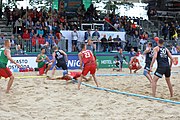 Deutsch: Beachhandball Europameisterschaften 2019 (Beach handball Euro); Tag 6: 7. Juli 2019 – Spiel um Platz Drei, Männer, Ungarn-Russland 2:0 (26:20, 23:22) English: Beach handball Euro; Day 6: 7 July 2019 – Men's Bronze Medal Match – Hungary-Russia 2:0 (26:20, 23:22)