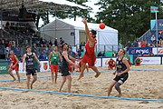 Deutsch: Beachhandball Europameisterschaften 2019 (Beach handball Euro); Tag 6: 7. Juli 2019 – Spiel um Platz Drei, Männer, Ungarn-Russland 2:0 (26:20, 23:22) English: Beach handball Euro; Day 6: 7 July 2019 – Men's Bronze Medal Match – Hungary-Russia 2:0 (26:20, 23:22)