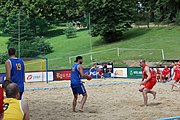 Deutsch: Beachhandball Europameisterschaften 2019 (Beach handball Euro); Tag 6: 7. Juli 2019 – Platzierungsspiele Rang 13-16 Männer, Rumänien-Serbien 2:0 (21:18, 22:20) English: Beach handball Euro; Day 6: 7 July 2019 – Placement Match 13–16 Men – Romania-Serbia 2:0 (21:18, 22:20)