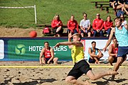 Deutsch: Beachhandball Europameisterschaften 2019 (Beach handball Euro); Tag 1: 2. Juli 2019 – Männer, Vorrunde Gruppe A, Deutschland-Norwegen 2:0 (22:14, 22:20) English: Beach handball Euro; Day 1: 2 July 2019 – Men Preliminary Round Group A – Germany-Norway 2:0 (22:14, 22:20)