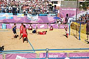 Deutsch: Bachhandball bei den Olympischen Jugendspielen 2018; Tag 3, 9. Oktober 2018; Jungs, Vorrunde, Gruppe B - Argentinien-Mauritius 2:1 English: Beach handball at the 2018 Summer Youth Olympics at 9 October 2018 – Boys Preliminary Round Group B‎ – Argentina-Mautitius 2:1