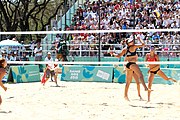 Deutsch: Beachvolleyball bei den Olympischen Jugendspielen 2018; Tag 9, 15. Oktober 2018; Mädchen, Viertelfinale: USA-Spanien 2–1 (21–19/17–21/15–9) English: Beach volleyball at the 2018 Summer Youth Olympics at 15 October 2018 – Girls Quarterfinals: USA-Spain 2–1 (21–19/17–21/15–9)