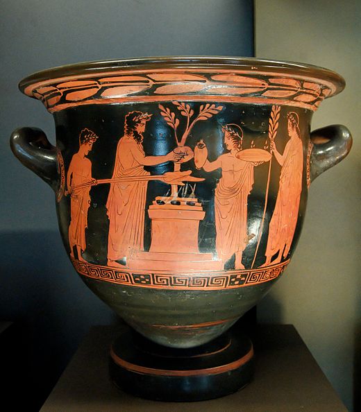 Scene of sacrifice, with a libation poured from a jug (Pothos Painter, Attic red-figure krater, 430–420 BCE)