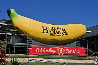 Big Banana at Coffs Harbour with its Celebrating 50 Years banner.