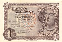 Depicted on the 1 Peseta banknote from 1948. Billete de una peseta emitido el 19 de junio de 1948. Anverso.jpg