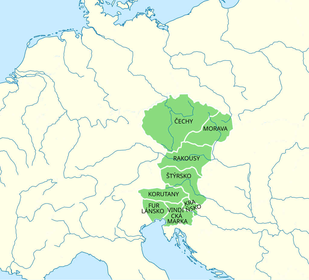 Mapa části Evropy na které jsou zvýrazněny země Přemysla Otakara II., jimiž jsou od severu Čechy, Morava, Rakousy, Štýrsko, Korutany, Kraňsko, Furlánsko a Vindická marka.