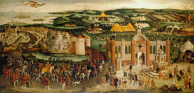 The Field of the Cloth of Gold, oil painting of circa 1545 in the Royal Collection at Hampton Court. Henry VIII on horseback approaches at bottom left