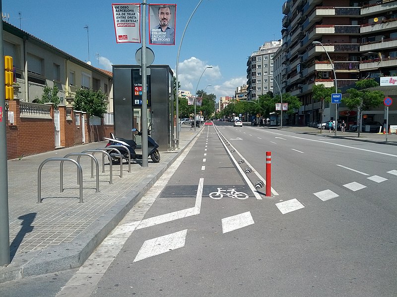 File:Buffered on-street two-way bikeway separated by bollard and bumps (17877877843).jpg