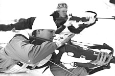 East German biathletes Kerstin Mohring (front) and Antje Harvey (back) with their Suhl rifles.