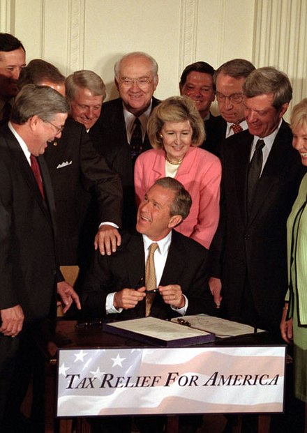 President George W. Bush signing the Economic Growth and Tax Relief Reconciliation Act of 2001 in the White House East Room on June 7, 2001
