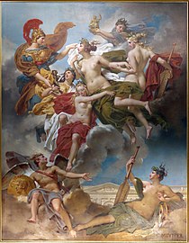 Les Nymphes de Parthénope, emportant loin de leurs rivages les Pénates, images de leurs dieux, sont conduites par la déesse des Beaux-Arts sur les bords de la Seine, Charles Meynier