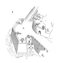 Illustration of a cavalier (the structure on the right, marked as "B") from Dictionnaire raisonne de l'architecture francaise du XIe au XVIe siecle by Eugene Viollet-le-Duc Cavalier.fortifications.Arras.png