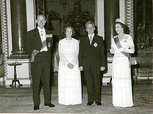 Nicolae and Elena Ceausescu with Queen Elizabeth II and Prince Philip, Duke of Edinburgh at Buckingham Palace during a visit in the UK, June 1978. Ceausescu - Queen Elisabeth II - 1978.jpg