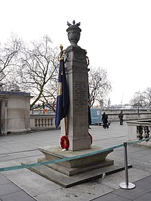 The memorial in its new location on the riverside terrace, showing the rear inscription and the sculpted regimental colour Civil Service Rifles memorial - view from northeast 01.jpg