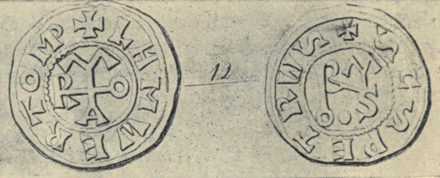 Coin of Pope Romanus, bearing the name of Lambert on the obverse, and "Scs. Petrus" and his monogram on the reverse[3]
