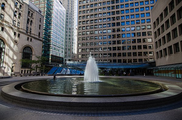 Commerce Court's central plaza, surrounded by Commerce Court North (left), Commerce Court East (centre), and Commerce Court South (right)