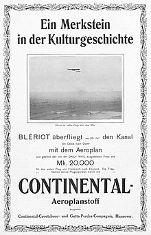 Werbeanzeige für die Aeroplanstoffe, die 1909 bei der ersten Überquerung des Ärmelkanals durch Louis Blériot mit seiner Blériot XI zum Einsatz kamen