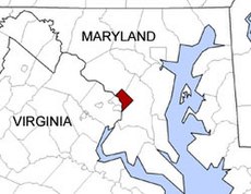 Map showing the location of Washington, D.C. in relation to its bordering states of Maryland and Virginia DC locator map with state names.jpg