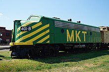 B unit converted from an EMD F9AM locomotive. The cabin shape was preserved, but its windows were blanked out and the front door was added. Denison July 2016 13 (Missouri-Kansas-Texas EMD F9AM No. 401B).jpg