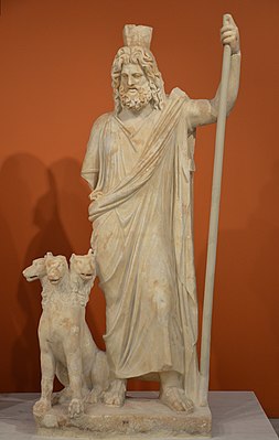 Detail of Pluto-Serapis, Statue group of Persephone (as Isis) and Pluto (as Serapis), from the Sanctuary of the Egyptian Gods at Gortyna, mid-2nd century AD, Heraklion Archaeological Museum (30305313721).jpg