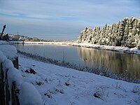 Reservoir towards dam end and wood edge, winter 2005