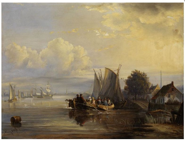 File:Egide Linnig - Shore landscape with moored sailing boats and a crowded barge.jpg