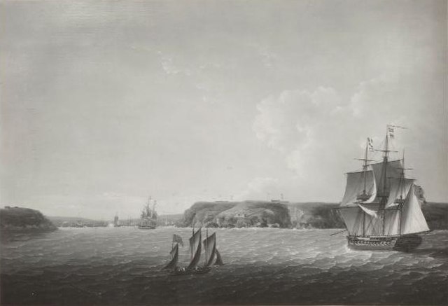 Boadicea leaving Brest during the blockade in 1799, signals a repeating frigate (in the foreground) of the number of French and Spanish ships in the h